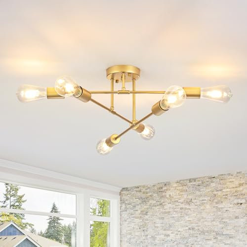 LWYTJO Deckenlampe Vintage, 6 Flammig Deckenleuchte E27 Gold Sputnik Kronleuchter Modern, Deckenlampe Wohnzimmer Industrial für Schlafzimmer Esszimmer Küche Flur