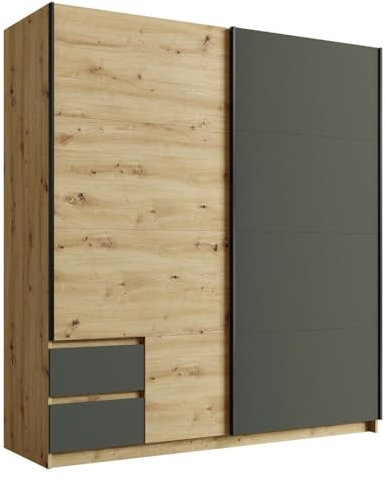 Meublorama Armoire 180 cm avec 2 portes coulissantes et 2 tiroirs couleur chêne et gris anthracite. Collection Arielle