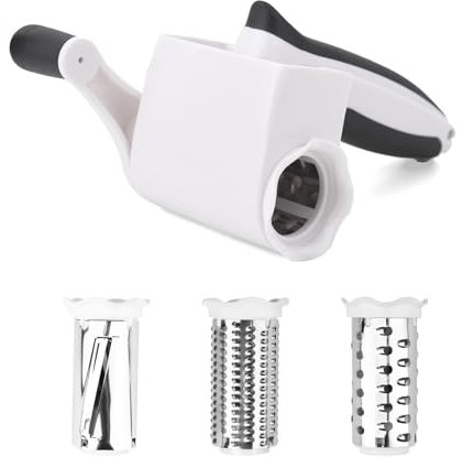 Asaiy Rallador giratorio de queso – Rallador manual con 3 cuchillas de acero inoxidable intercambiables, molinillo de manivela para queso, chocolate, nueces y verduras