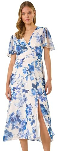 Roman Originals Wrap Dress for Women UK Ladies Swing Skater Fit & Flare A Line Tea Stretch Knee Length V-Neck Holiday Summer Smart Casual Work Party Evening - White Blue - Size 16