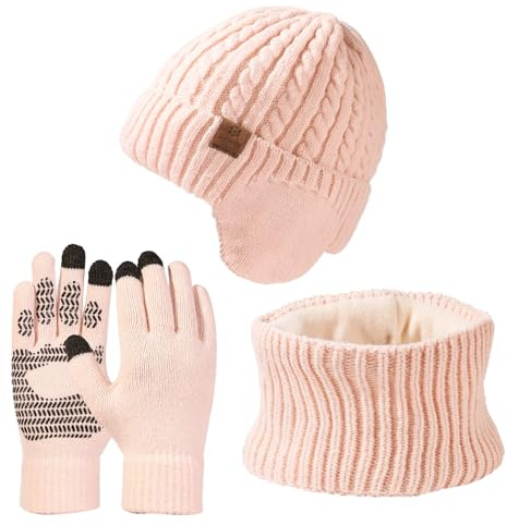 Tolaler Hiver Ensemble Bonnet Écharpe Gants d'écran Tactile 3 en 1 Femme Homme Chaud Tricoté Doublure Polaire Cache-Cou Extensible Sports Ski Noël Cadeau Unisex Rose