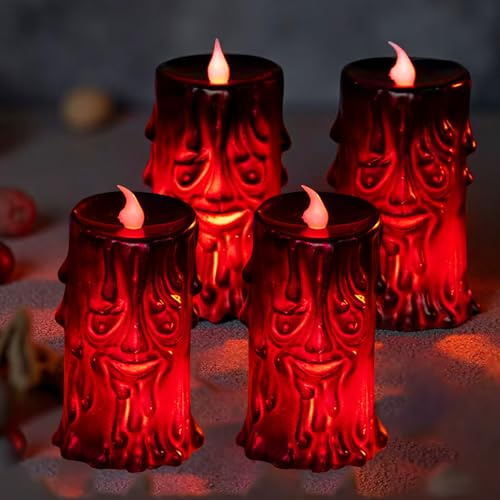 4 Stück Halloween Deko LED Kerzen, Halloween Led Horror Deko, Light up Ghost LED Kerzen, Geister Baumstumpf Figuren Leuchtende, Gespsenster Kerze für Schlafzimmer Kamin Tischdekoration, Flammenfrei