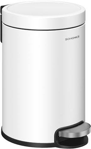 SONGMICS Bathroom Pedal Bin, 0.8 Gallon (3 L) Steel Toilet Bin with Soft-Close Lid, Inner Bucket, for Waste, Bedroom, Cloud White LTB013WZ01
