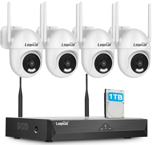 Logisaf 5MP PTZ Kit Telecamere WiFi Esterne, 10CH Videosorveglianza | 4X5MP Telecamera e 1TB HDD NVR, Registrazione 24/7, Tracciamento Automatico, Visione Notturna a Colori, Audio Bidirezionale