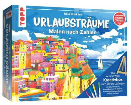 Die wunderbare Kreativbox Malen nach Zahlen - Urlaubsträume: Ausmalbuch (32 S.), Mini-Staffelei, 3 Leinwände, 10 Acrylmarker