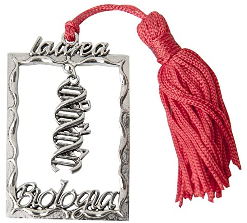Ingrosso e Risparmio Bomboniere Laurea Biologia 12PZ Ciondolo Zama Medaglietta Rettangolare con Simbolo Dna Scritta Laurea Biologia Maschio Femmina con Nappina Rossa