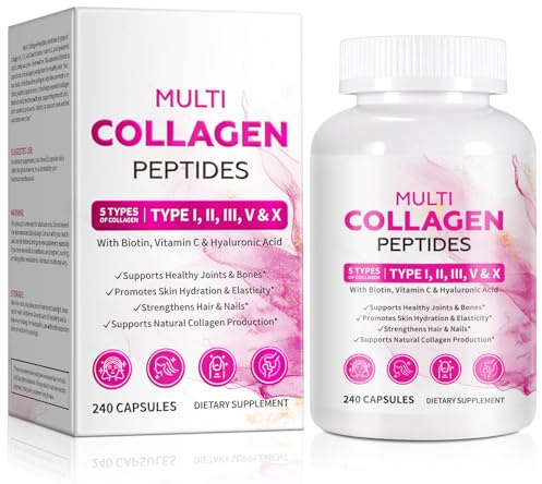 Multi Collagen Peptides Capsules with Biotin, Vitamin C & Hyaluronic Acid – 240 Capsules Dietary Supplement – 5 Types Collagen I, II, III, V & X – Supports Skin, Hair, Nails & Joint Health