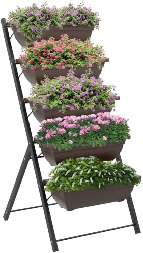 Outsunny Soporte para Plantas Exterior de 5 Niveles con 5 Macetas Negro | Estantería Esquinera con Orificios de Drenaje y Diseño en Escalera, para Interior y Exterior, 55x63x120 cm