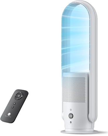 Ventilatore Senza Pale, ULTTY Silenzioso Ventilatore con Purificatore d'Aria con Telecomando, Timer, Alto 80 cm, Oscillazione per Camera da Letto, Ufficio a Casa, CR022 Bianco