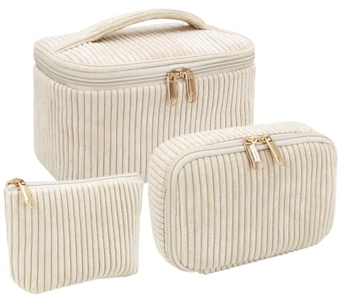 YEJAHY 3 Stück Kosmetiktasche Set Damen, Make Up Tasche aus Cord, Reise Makeup Bag, Kulturtasche Mädchen, Große Kapazität Schminktasch, für Frauen Alltag und Reisen (Khaki)