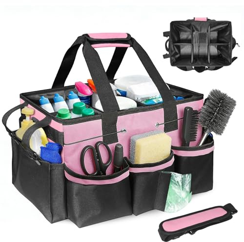 NCOALE Cleaning Caddy Bag, Cleaning Bag with Handle Adjustable Shoulder Strap Cleaners Caddy Large Multi Multiple Pockets for Housekeeper Car Detailing (37x26x22.5cm Pink)