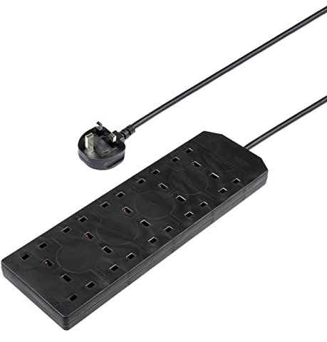 Invero® 10 Way Gang Power Mains Extension Lead 1M Metre Cable British Approved 13A Amps - Black