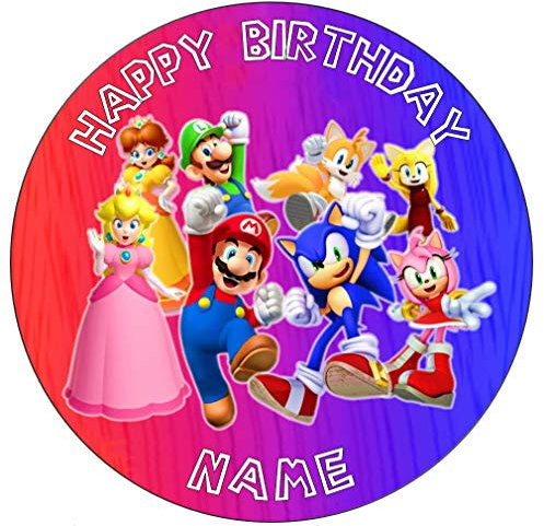 Sonic and Mario Inspired Edible Icing Cake Topper Precut - Personalised (1. Round 7.5inch)