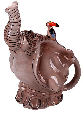 Blue Sky Clayworks Teapot, Toucan Riding Elephant, 9.5'' H, Gray, Porcelain, TEAPOT, Collectible, 2 lbs