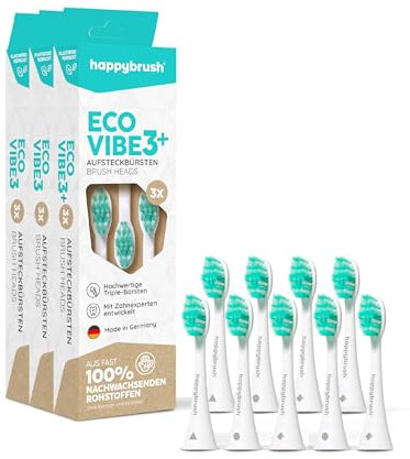 happybrush® Nachhaltige Aufsteckbürsten für elektrische Schall-Zahnbürste Eco VIBE 3 - Weiß/Mint - 3x3 Stück