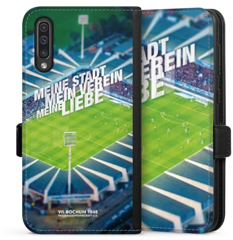 Klapphülle kompatibel mit Samsung Galaxy A50 Handyhülle aus Kunst Leder schwarz Flip Case Offizielles Lizenzprodukt VFL Bochum Stadion