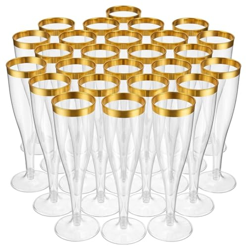 Oojami 100 Plastic Classic Champagne Disposable Flutes for Parties Plastic Cups Wedding Party Toasting Cocktail Cups Bulk Party Pack (Gold Rim)