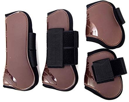 Merauno® Gamaschen Pferde 4er Set Gamaschen Paar für vorne hinter Hartschale und Klettverschluss für Damen& Herren PU Robust Elastisch Tendon Boots Classic (S(Pony), Braun)
