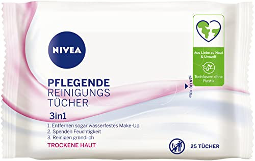NIVEA 3in1 Pflegende Reinigungstücher (25 Stück), milde Gesichtsreinigungstücher mit natürlichem Mandelöl, Abschminktücher entfernen Make-Up & wasserfeste Mascara