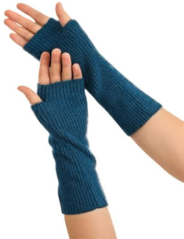 Prettystern Damen mid-lange Kaschmir-Wolle Pulswärmer Arm-Stulpen fingerlose Ripp gestrickt Handschuhe Blau