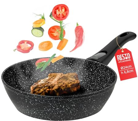 RESTO 93040 Bratpfanne 24 cm tiefe Pfanne - Wokpfanne mit vierschichtiger Marmor-Antihaftbeschichtung - abnehmbarer Griff - für alle Herdarten geeignet, auch Induktion (h=6,8 cm)