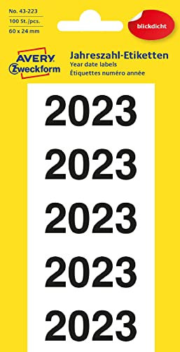 AVERY Zweckform 43-223 Jahreszahlen Aufkleber 2023 selbstklebend (60x24 mm, 100 Jahreszahl-Etiketten mit Aufdruck 2023, ideal für Ordner, absolut blickdicht, permanent haftend) 20 Bogen, weiß