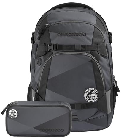 coocazoo Schulrucksack Mate „FC Bayern, Rekordmeister“ schwarz/grau, ergonomischer Tornister, höhenverstellbar mit Brustgurt und Hüftgurt für Jungen und Mädchen, 30 Liter