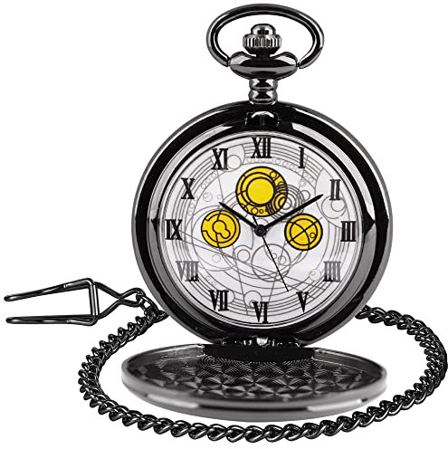Tiong Doctor Who Taschenuhr mit schwarzem Gehäuse Vintage Quarzuhr mit Kette für Herren und Jungen