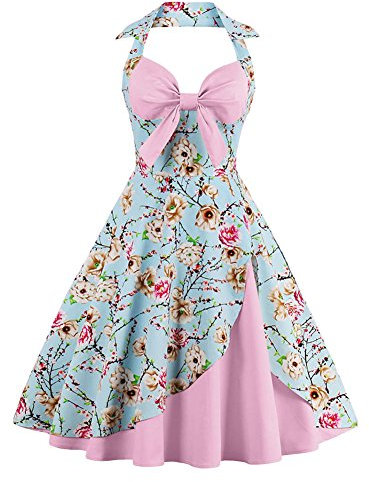 Robe Vintage Années 50 Pin Up Femme Grande Taille Sexy Halter Floral Rockabilly Style Champetre Évasée Tenue D'été Demoiselle D'honneur Mariage Anniversaire Cocktail Robe de Soirée Rose Clair L