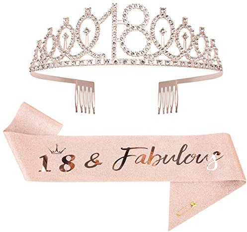 Mikccer Rose Gold 18th Birthday Sash and 18 Birthday Tiara, Rhinestone Crown Headband for 18th Birthday Gifts, 18th Birthday Decoration Party Accessories for Girls Women (FR-05)