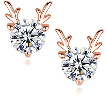 Kamise 925 Sterling Silber Weihnachten Ohrringe Damen, 7.7mm Klein Schlafen Knorpel Elch Ohrstecker Mit Zirkonia, Rose Gold für Frau Freundin