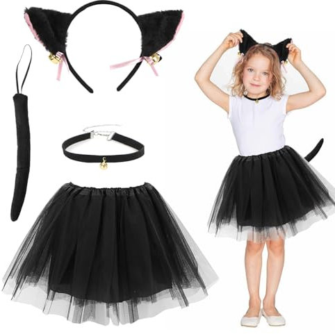 Costume da Gatto Bambina, Orecchie Gatto Bambina, Nero Tutu Gonna Tulle, Vestito Gatti di Carnevale Set-1x Cerchietto, 1x Papillon, 1x Collana per Ragazze Carnevale Halloween Festa Cosplay