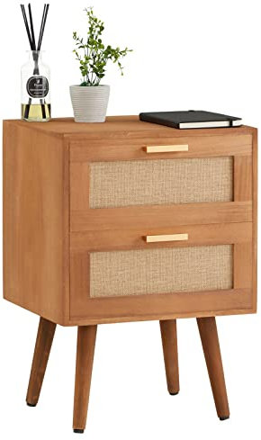 IDIMEX Table de Chevet WAMAN Petite Commode de Nuit avec 2 tiroirs, en Bois de Paulownia lasuré Brun et Lin Naturel, Style Vintage