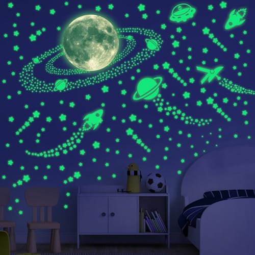 KAMEUN Weltraumthema Leuchtsterne Selbstklebend Wandsticker, Meteore Sterne und Mond Sternenhimmel Aufkleber Wanddeko, Leuchtsticker Wandtattoo für Kinderzimmer Schlafzimmer…