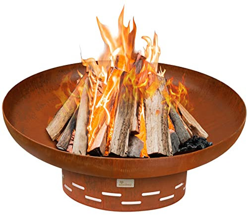 KOL Feuerstelle für Holzverbrennung im Freien, 80 cm, große, runde Feuerstelle, für den Außenbereich und die Terrasse, robuste Lagerfeuerstelle, oxidierte Oberfläche, freistehend, Camping, Hinterhof