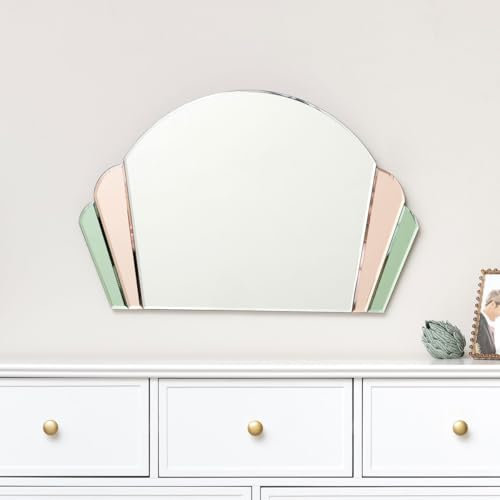 Melody Maison Pink & Green Arched Shell Art Deco Wall Mirror 96x48cm for Living Room, Bathroom, Bedroom, Hallway