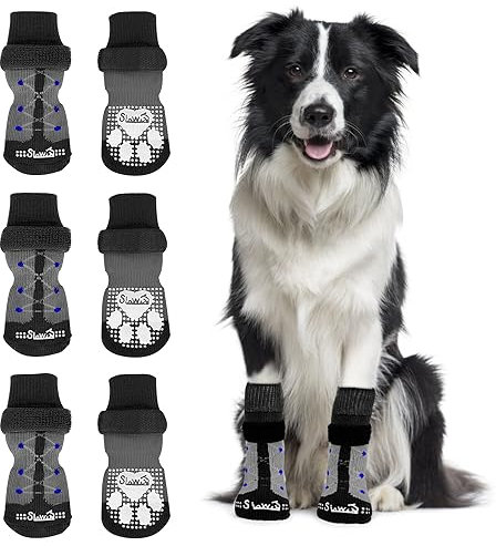 SlowTon 3 Paar Indoor Anti-Rutsch Socken für Hunde, weicher Verstellbarer Pfotenschutz mit Klettverschluss für Hartholzböden in Innenräumen, Hundesocken für kleine, mittlere große Hunde(Schwarz, M)