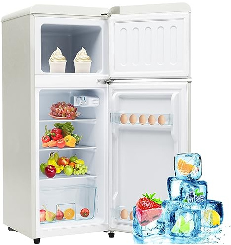 Retro-Kühlschrank mit Gefrierfach,105.5x41cm,zweitürig,92L Nutzinhalt,verstellbare Füße,181kWh/Jahr,-27°C ~13°C,LED-Licht,Kleiner Kühlschrank Lautlos