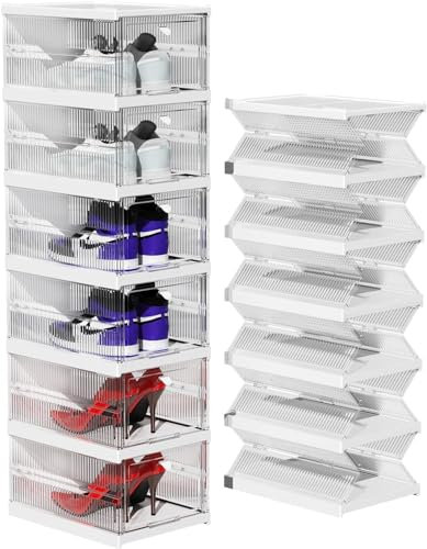 TIDYAVE Schuhboxen aus transparentem Kunststoff, stapelbar, einfache Installation, All-in-One-Schuhbox mit Türen, 6 Ebenen, faltbar, platzsparend, für Schrank, Eingangsbereich, Behälter