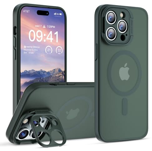 GOODVISH Magnetic Case for iPhone 14 Pro Case Compatible with Magnetic [Magic Camera Stand] All-in-1 Shockproof Slim Hard Translucent Matte Phone Case Cover, Green