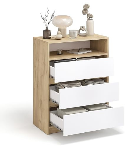 KOMTO Kommode mit 3 Schubladen - Komodenschrank für Schlafzimmer Schubladenkommode mit 1 offenen Fächern für Wohnzimmer | Sideboard Leon Honig Eiche/Weiß 70 x 37 x 90 cm