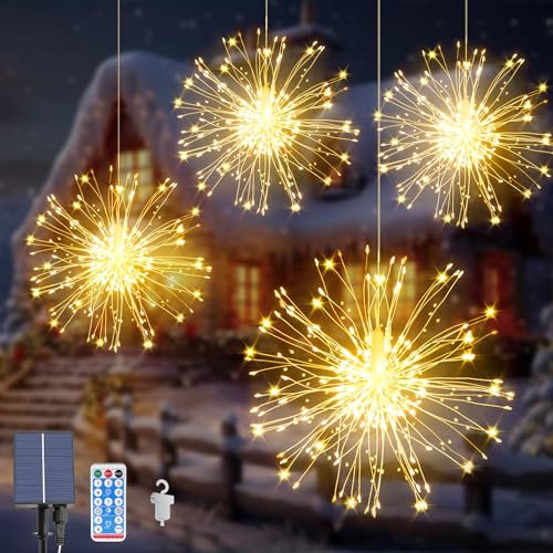 Acxilexy 4 Stück Solar Feuerwerk Lichterkette, 480 LEDs Wasserdicht hängende Feuerwerk Lichter, 8 Modi Feuerwerk Licht, Fernbedienung, Kupferdraht Feuerwerk Lichter für Außen Garten Baum Deko