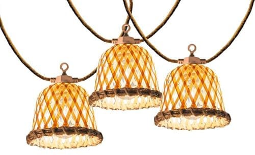 MALY LIGHT HYBRID LED-Lichterkette für den Außenbereich, anschließbar, 10 natürliche Rattan-Lampenschirme, warmweiß, 8 m, solarbetrieben und mit Netzanschluss