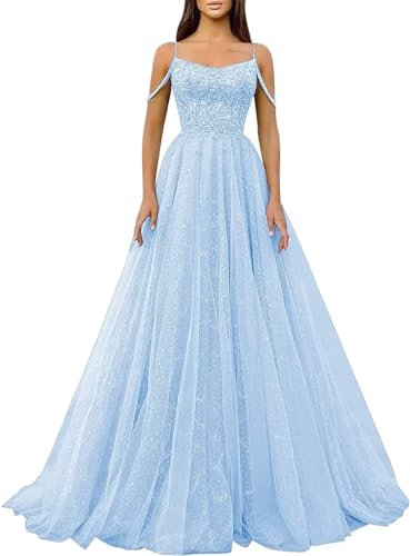Glitzernde Pailletten-Abschlussballkleider,SpaghettiträGer,Glitzer-TüLl,Formelle Ballkleider,Schulterfreies A-Linien-Partykleid FüR Frauen Light Blue M