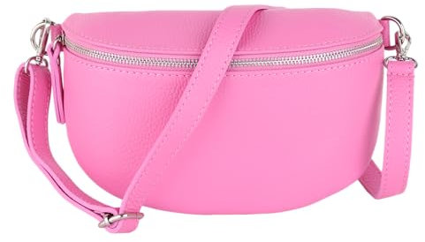 MIRROSI® Bauchtasche Damen, Made in Italy, Echtleder Umhängetasche Echtes Leder, Brusttasche, Crossbody Bag aus Echtem Leder, in 3 Größen erhältlich (Babyrosa Silberner Reißverschluss) (Gr.L)