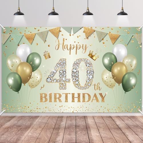 40.Geburtstag Banner Grün Gold,BTZO 40.Geburtstagsbanner,Deko 40 Geburtstag Dekoration Banner Hintergrund für 40 Frauen und Männer Geburtstagsfeier Deko