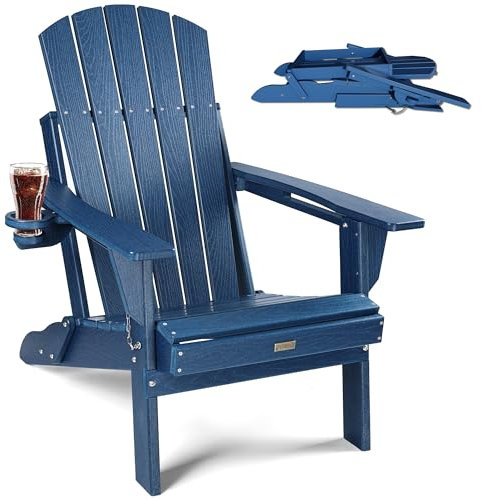 POWERWOOD Adirondack Klappstuhl, HDPE witterungsbeständige Outdoor-Stühle, Holztextur, Terrassenstühle aus Kunststoff, faltbar, Adirondack-Stuhl mit Getränkehalter, für Rasen, Garten, Hinterhof