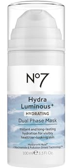 No7 HydraLuminous+ Hydrating Dual Phase Face Mask - Hyaluronic Acid Overnight Face Mask with Vitamin B3 Niacinamide for Skin Barrier Repair & Radiant-Looking Skin (3.5 Fl Oz)