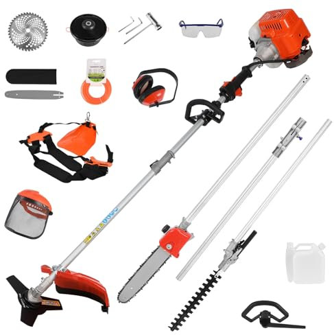 52cc Petrol Garden Brush Cutter, Grass Line Trimmer, 5 in 1 Lawn Mower, Gas Weed Trimmer, Cordless Hedge Trimmer, 2-Stroke Brush Cutter, Handheld Chainsaw Hedge Pruner for Garden Weeds Flower Trees O