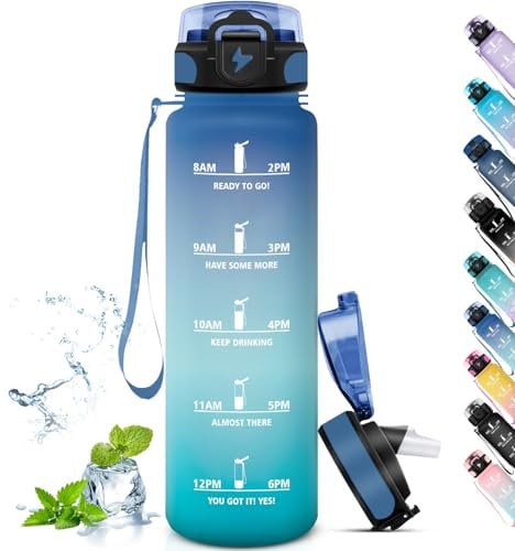 Grsta Trinkflasche 1L, Trinkflasche Sport für Erwachsene, Trinkflasche mit Strohhalm, Leicht zu Reinigen, Trinkflasche mit zeitmarkierung, Wasserflasche für Fitness, Wandern, Camping, Outdoor